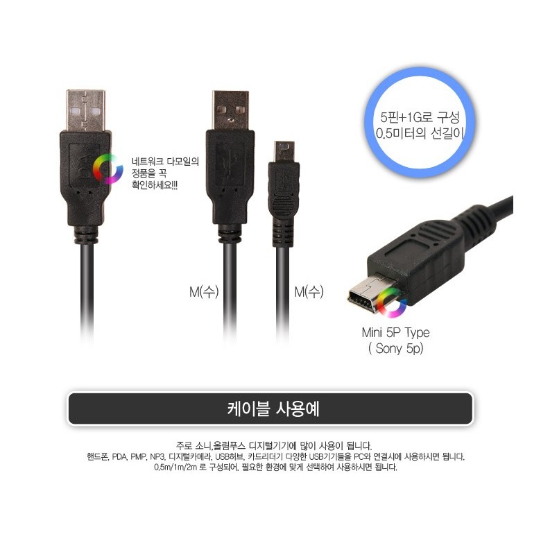 USB A와 미니 5핀 연결 용도 안내