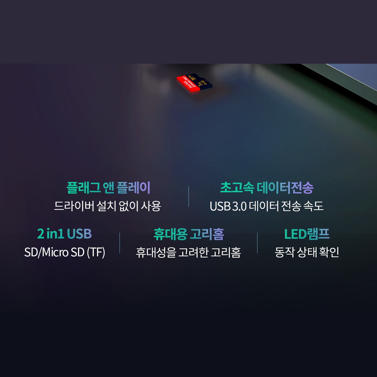 구스페리 카드 리더기 정면과 지원 카드 안내