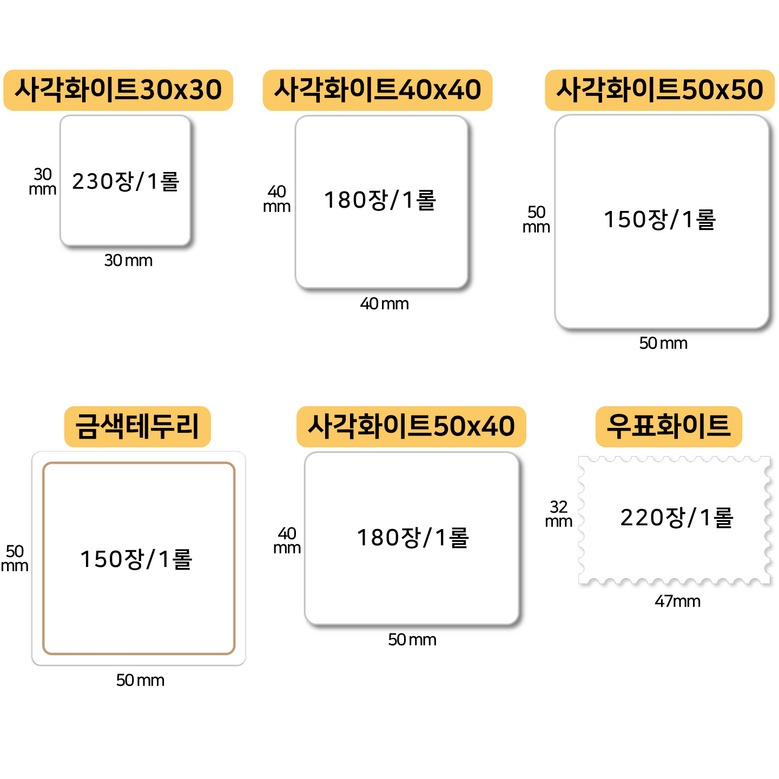 사각 화이트 라벨 크기 선택표